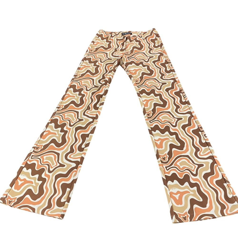 The Kript Brown Psychedelic Swirl Flare Pants Retro Wide‎ Leg Trousers Size M